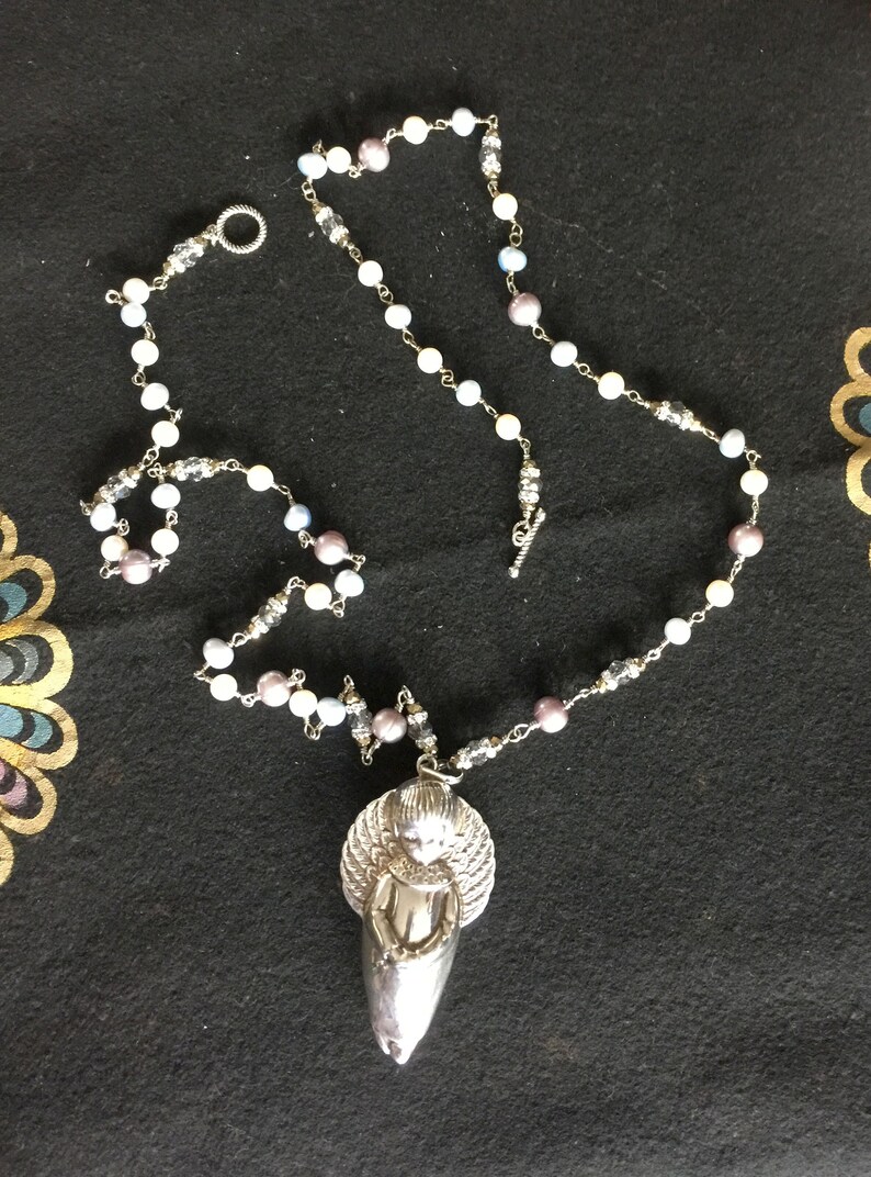 Pearls Faceted Clear Crystal Rondelles One of A Kind TIP TOE ANGEL Sterling Silver Cazenovia Thrush Artisan Assemblage Necklace