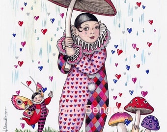 RAINING HEARTS Limited Edition Print, Pierrot Holding Large Mushroom, Hearts