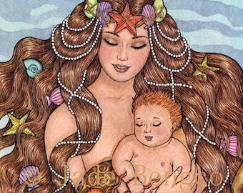MADONNA of the SEA Mermaid Baby limited edition art print from an Original Fantasy Art Painting
