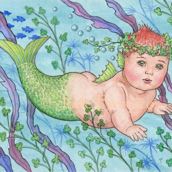 MAIRIN Mermaid Baby Merbaby Shamrocks limited edition art print from an Original Fantasy Art Painting