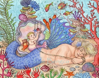 BABYSITTER  Merman, Merbaby Limited Edition Art Print from an Original Fantasy Art Painting