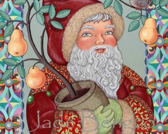 PARTRIDGE In A PEAR TREE Santa Claus Pears Partridge - limited edition art print from an Original Fantasy Art Painting