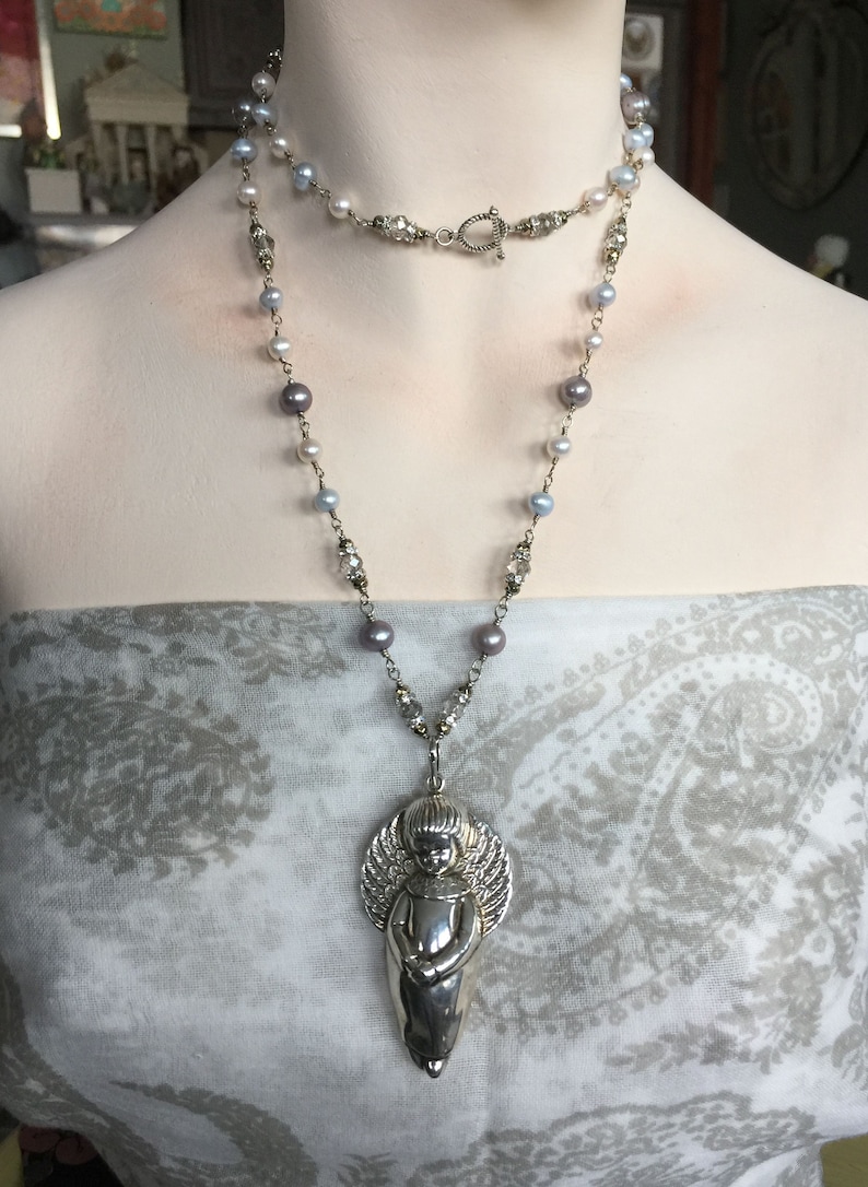 Pearls Faceted Clear Crystal Rondelles One of A Kind TIP TOE ANGEL Sterling Silver Cazenovia Thrush Artisan Assemblage Necklace