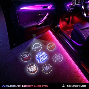 May include: Car interior with illuminated door lights. The image shows a car door with purple and red ambient lighting. The floor displays logos for Nissan, Toyota, Jeep, Ford, Audi, and Mercedes-Benz. The text "WELCOME DOOR LIGHTS" is visible.