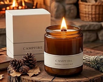 Campfire Scented Candle - Crackling Wood Wick & Realistic Woodsmoke Scent, Natural Coconut Wax, Cozy Fall Candles