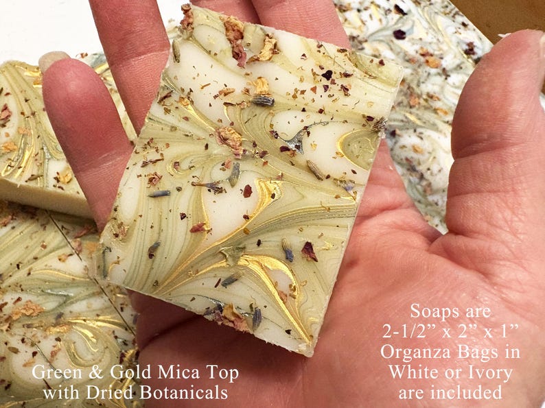 Soaps are handout to 2-1/2 inches tall by 2" wide by 1" thick and fit nicely in the palm. Perfect size as special event gifts.