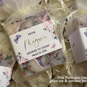 Soap favors handmade with Pink Purple & Green mica top swirl with optional dried botanicals.