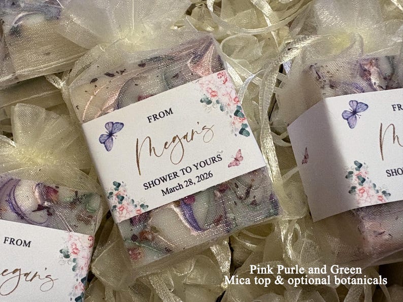 Soap favors handmade with Pink Purple & Green mica top swirl with optional dried botanicals.