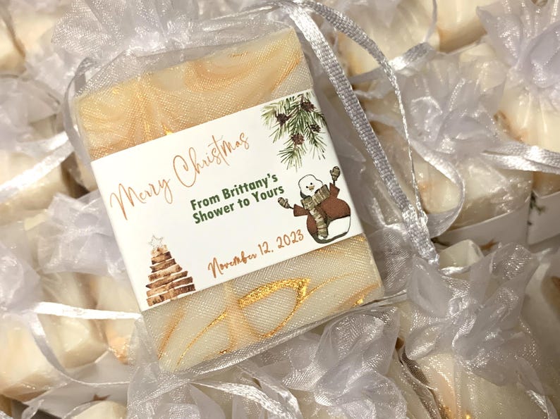 christmas bridal shower soap favors with personalized holiday theme label