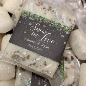 custom soap favors, snow in love winter bridal shower theme.