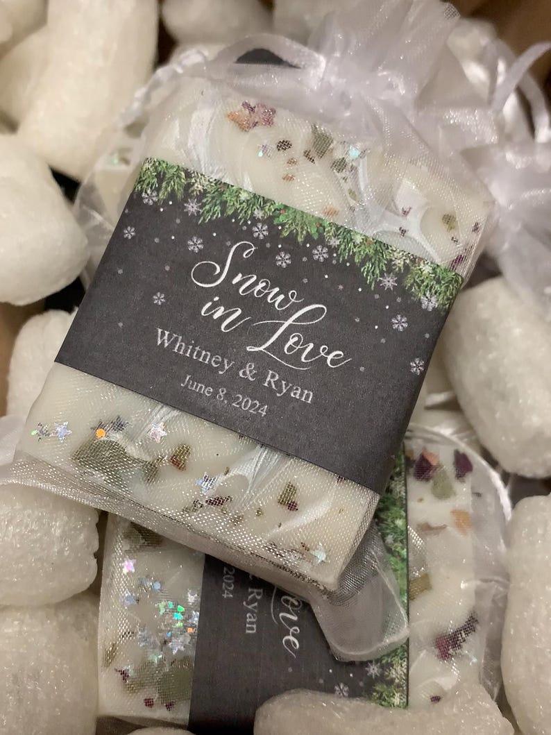 custom soap favors, snow in love winter bridal shower theme.