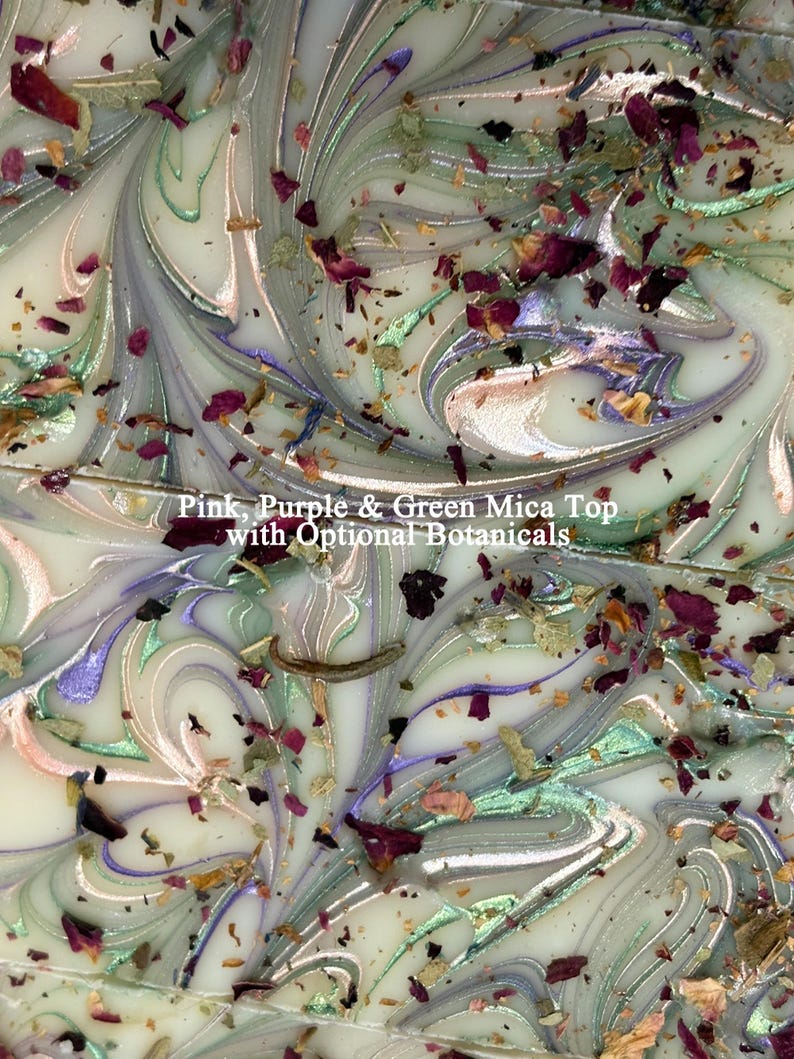 Shower favors soap with Pink, Purple & Green Mica Top
and Optional Botanicals