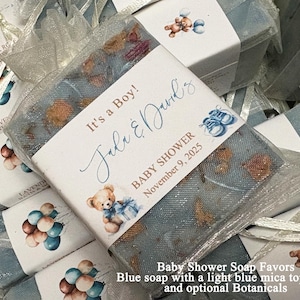 Baby shower soap favors handmade, blue soap with light blue mica top swirl and optional botanicals