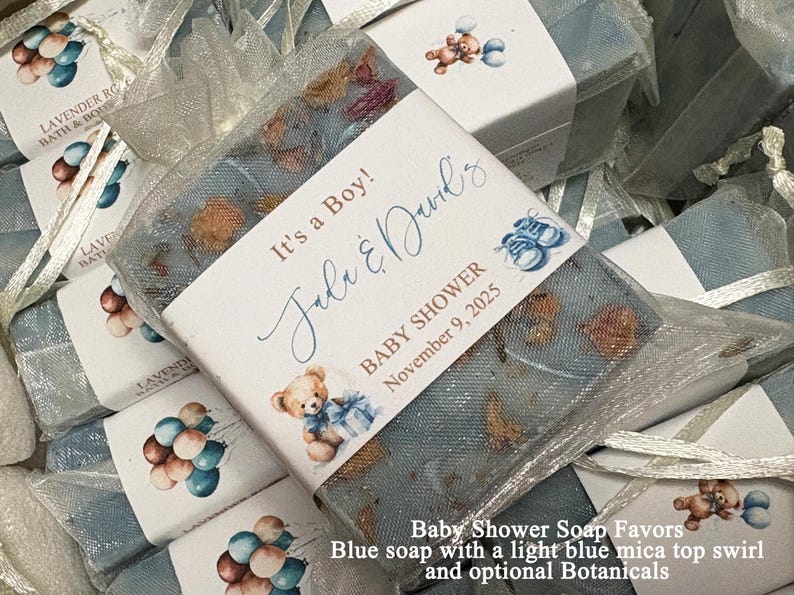 Baby shower soap favors handmade, blue soap with light blue mica top swirl and optional botanicals