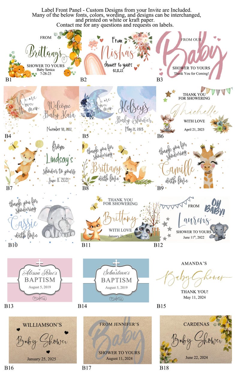 Baby shower soap labels to choose from