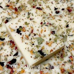 Handmade custom soap favors with dried botanicals and no mica top swirl