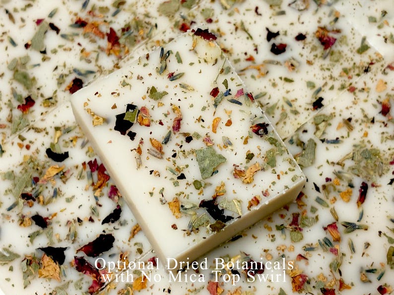 Handmade custom soap favors with dried botanicals and no mica top swirl