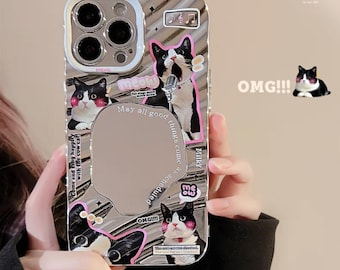 Funny Cat iPhone Case with Mirror and Camera Protection / Cute Black Cat iPhone Case with Mirror for iPhone XR, 12, 13, 14, 15, 16 series