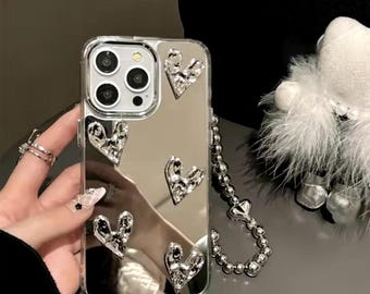 Mirror iPhone case with hearts and chain/charm / iPhone case for 12, 13, 14, 15 series