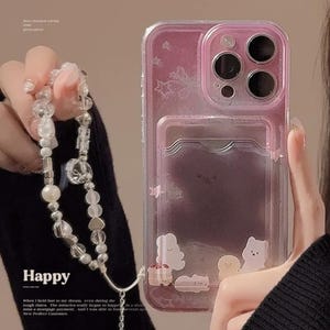 Custodia per iPhone con orso Halo rosa viola con catena/ciondolo, protezione per fotocamera e porta carte/per iPhone 11, 12, 13, 14, 15 series