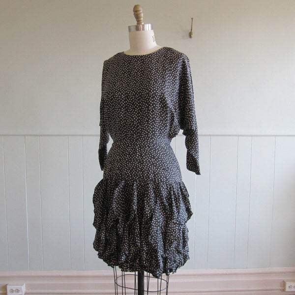 1980s vintage charcoal swirled ruffle silk batwing dress SM