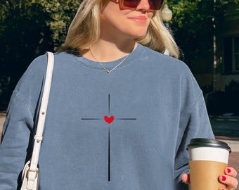 Vertical Cross Christian Lightweight Sweatshirt: Faith Cross Sweatshirt - Cross Sweatshirt With Heart