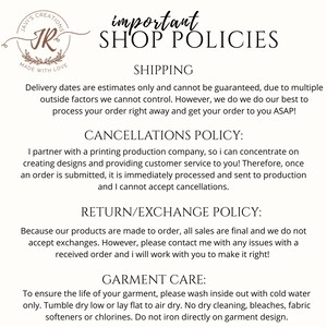 May include: A white background displays shop policies. Text includes "Important Shop Policies", "Shipping", "Cancellations Policy", "Return/Exchange Policy", and "Garment Care". A logo with the text "Javi's Creations" is in the upper left corner.
