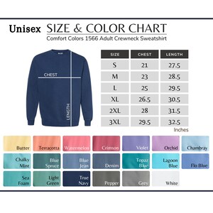May include: A navy blue unisex crewneck sweatshirt with a size and color chart. The chart lists chest and length measurements in inches for sizes S to 3XL. Color options include Butter, Crimson, and True Navy.