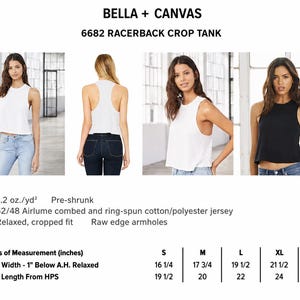 May include: White and black racerback crop tanks. The Bella + Canvas tanks are made of a cotton/polyester blend. The image includes measurements in inches for body width and length. The tanks have a relaxed, cropped fit with raw edge armholes.