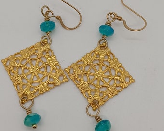 Earrings, Blue Czech Beads, Gold Plated Brass Stapmings, Gold Filled Hooks