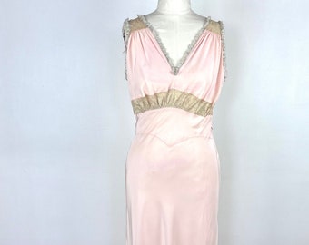 Vintage 30s 40s Bias Cut Nightgown / 1940s 1930s Pink Satin Lace Slip Dress / Vintage 30s Slip Lingerie Negligee / Pin Up Pinup Large Medium