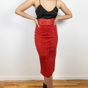 Vintage 80s Suede Skirt / 1980s Vintage Red Leather Skirt / Leather Pencil Skirt / Long 80s Skirt / 1990s 90s / XS Small / Red Leather Skirt image 1