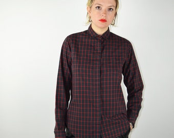 Vintage 80s Shirt / 80s Does 60s Mod / Red Black Checkered Striped Print Blouse Top / 1980s 1990s 90s Button Up / Small XS Medium