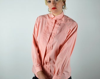 Vintage 80s Button Up Shirt / DETAILS / Peach Pink Blouse Top / 1980s 1990s 90s / Small XS Medium / Pleats Cuffs