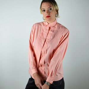 Vintage 80s Button Up Shirt / DETAILS / Peach Pink Blouse Top / 1980s 1990s 90s / Small XS Medium / Pleats Cuffs image 1