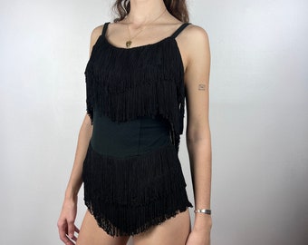 Vintage 60s 50s Black Fringe Swimsuit / 1950s 1960s Bathing Suit One Piece / Medium Large XL / Pin Up VLV Playsuit Summer / Pinup Rockabilly