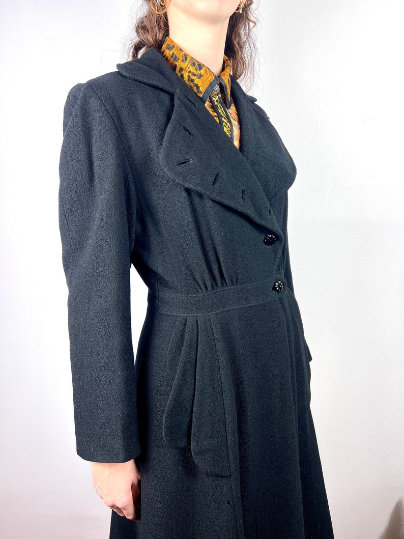 Vintage 1930s 1940s Long Coat Jacket / Vintage Boucle Black Coat Jacket / 40s Wool Suit Jacket / Rockabilly Pin Up Pinup VLV Large Medium image 3
