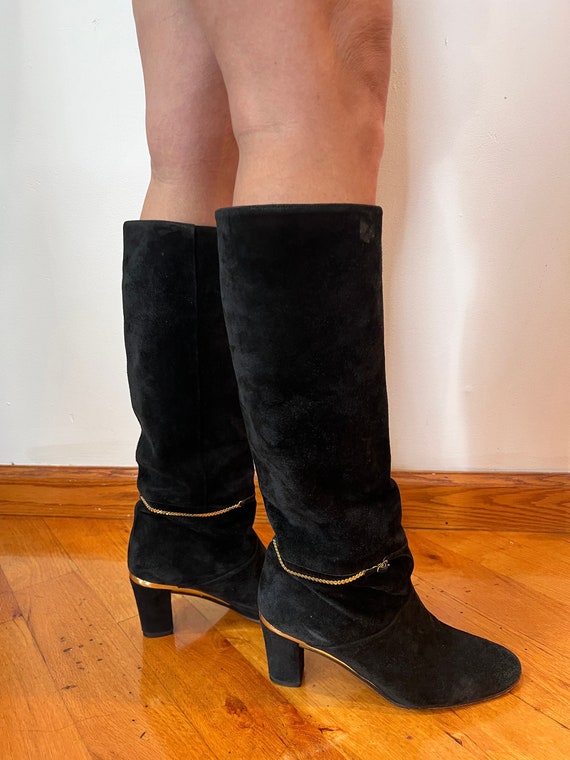 1970s Black Leather High Heel Boots /70s Knee High Boots, RareJule Vintage
