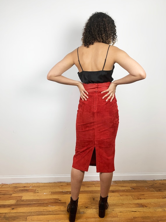 Vintage 80s Suede Skirt / 1980s Vintage Red Leath… - image 4