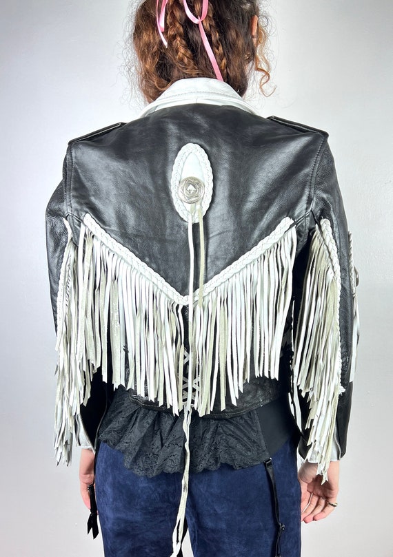 Vintage 1970s 1980s Black White Leather Motorcycl… - image 7