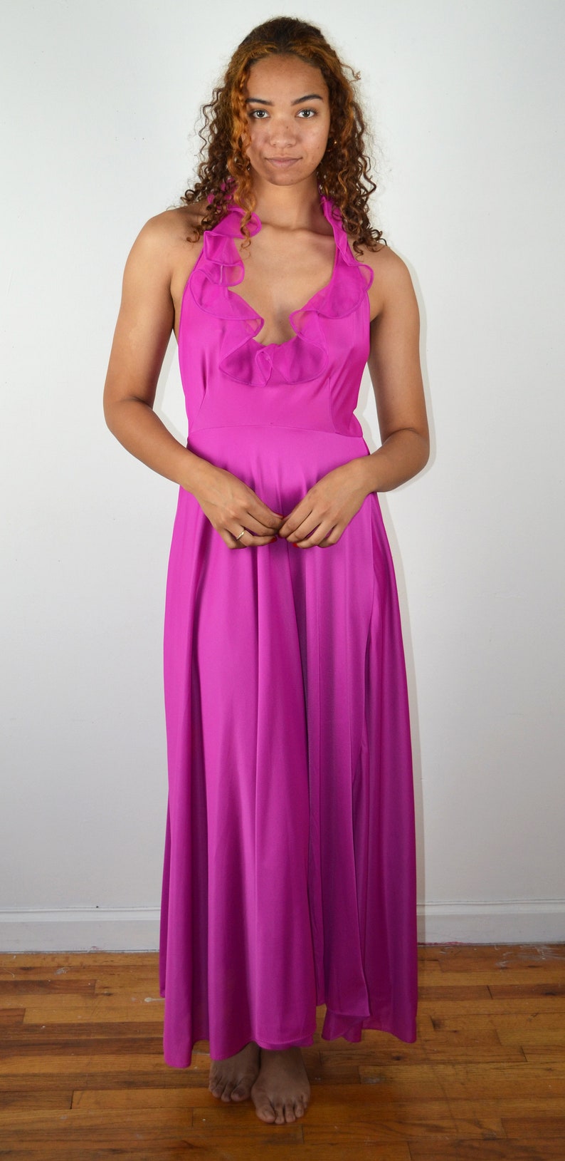 Vintage 60s 70s Halter Slip 1960s Vintage Negligee Lingerie Nightgown Pin Up Pinup Medium 1970s Boudoir Purple Pink Slip
