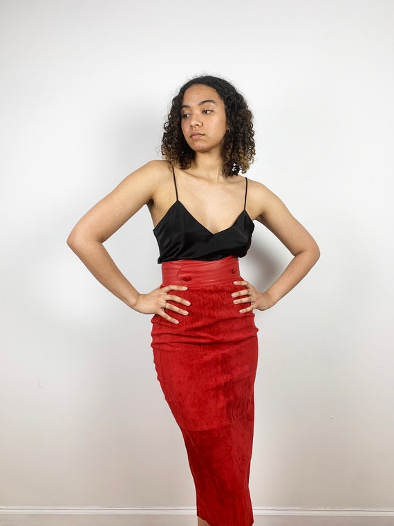 Vintage 80s Suede Skirt / 1980s Vintage Red Leath… - image 5