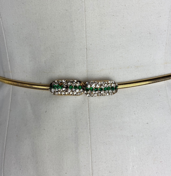 Vintage 80s Gold Snake Chain Belt Green Rhinestone