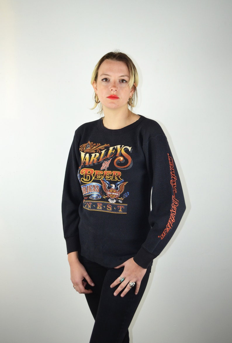 Vintage 90s Harley Davidson Shirt / Long Sleeve Womens Mens / 1980s 1990s Graphic Tee Shirt Waffle Knit Biker Motorcycle Beer Medium Large image 1