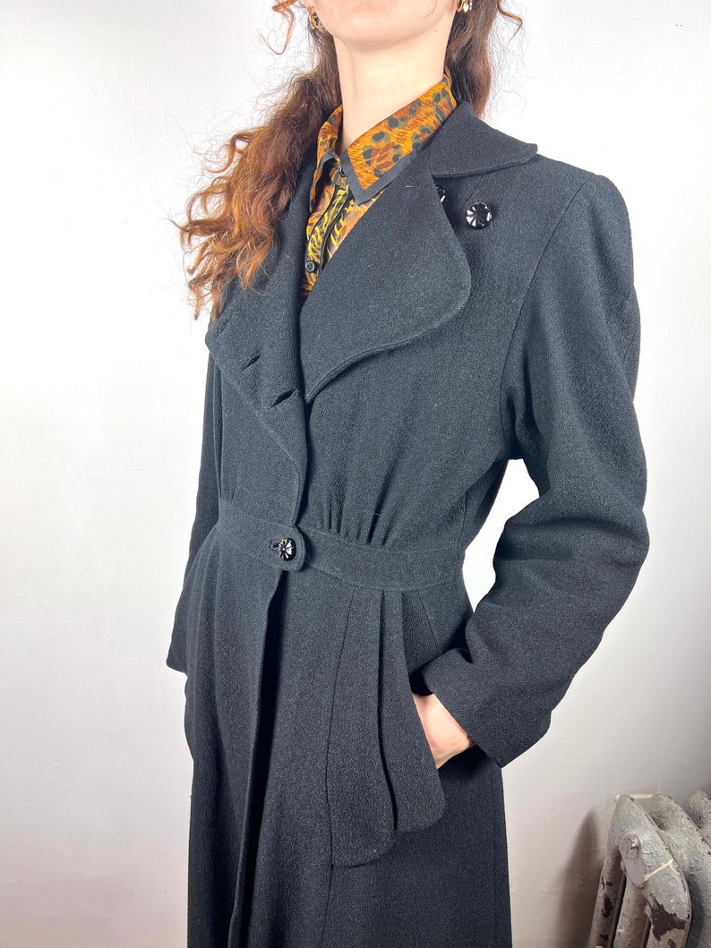 Vintage 1930s 1940s Long Coat Jacket / Vintage Boucle Black Coat Jacket / 40s Wool Suit Jacket / Rockabilly Pin Up Pinup VLV Large Medium image 7