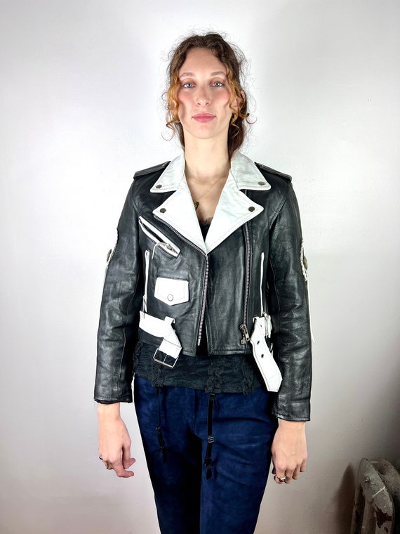 Vintage 1970s 1980s Black White Leather Motorcycl… - image 8