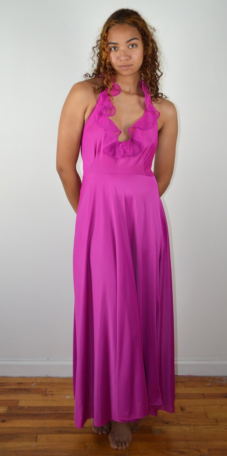 Vintage 60s 70s Halter Slip 1960s Vintage Negligee Lingerie Nightgown Pin Up Pinup Medium 1970s Boudoir Purple Pink Slip