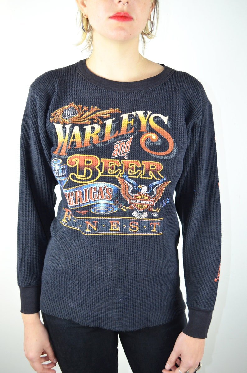 Vintage 90s Harley Davidson Shirt / Long Sleeve Womens Mens / 1980s 1990s Graphic Tee Shirt Waffle Knit Biker Motorcycle Beer Medium Large image 2