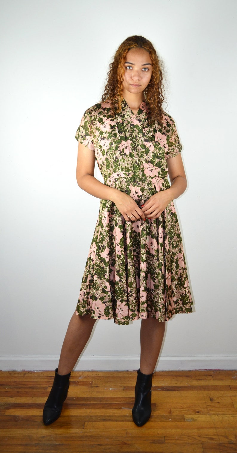 Vintage 50s Dress Floral Silk Dress 1950s Vintage New Look Dress VLV Pin Up Pinup 1950s Cocktail Dress Medium Large Pleated Cuffs