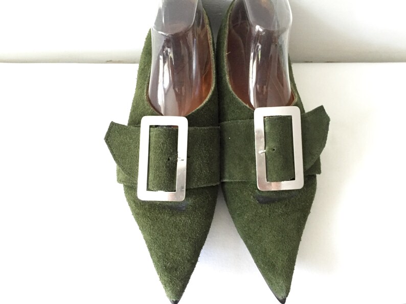 Vintage 80s 1980s John Fluevog RARE Pointy Toe Green Leather Flats Large Silver Buckle Size 8 Punk Cosplay